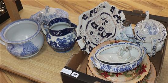 A Victorian blue and white and other pottery items